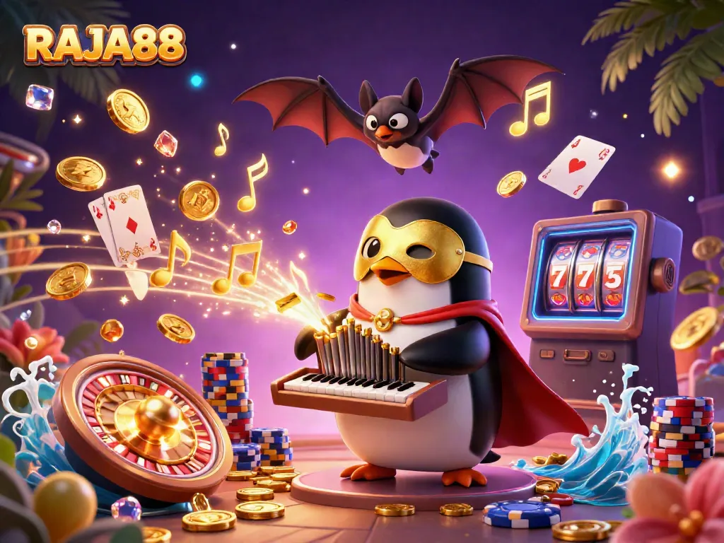 Engage with RAJA88 in this vibrant casino scene featuring gold coins and a phantom penguin.
