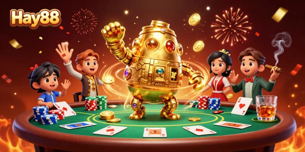 Engage with Hay88's thrilling casino experience featuring golden golem, poker action, and celebration elements.
