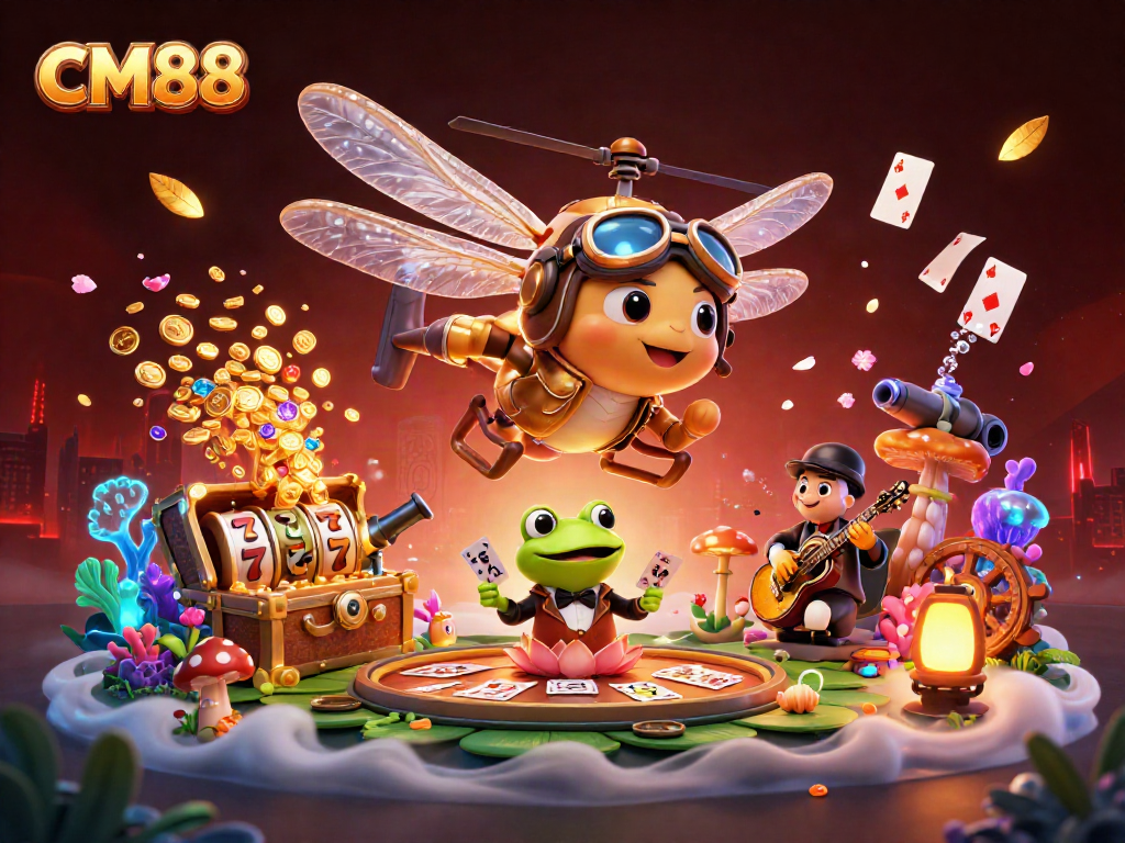 Join CM88's thrilling game scene with a dragonfly pilot and frog croupier in a vibrant casino