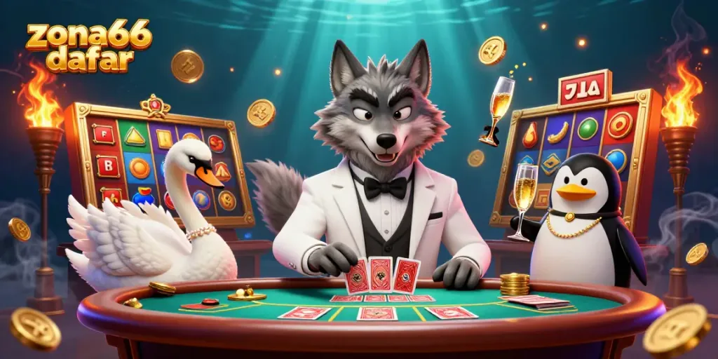 Spin the reels at zona66 daftar with a debonair gambling ensemble in a lively casino setting.