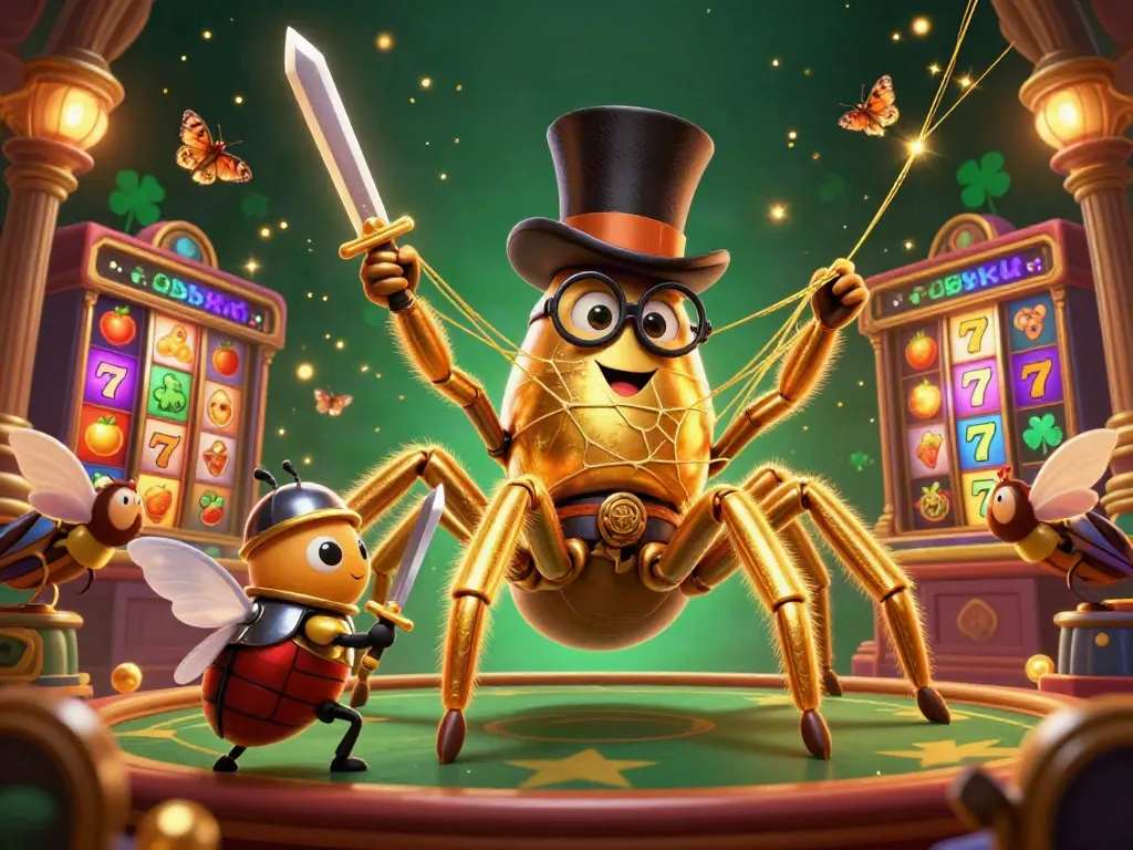 Nohu players engage with a captivating game, featuring a giant tarantula weaving golden threads and vibrant slot elements.