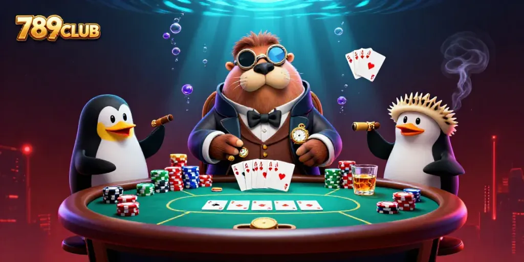Engage in thrilling poker action with 789CLUB among animated characters and vibrant casino elements.