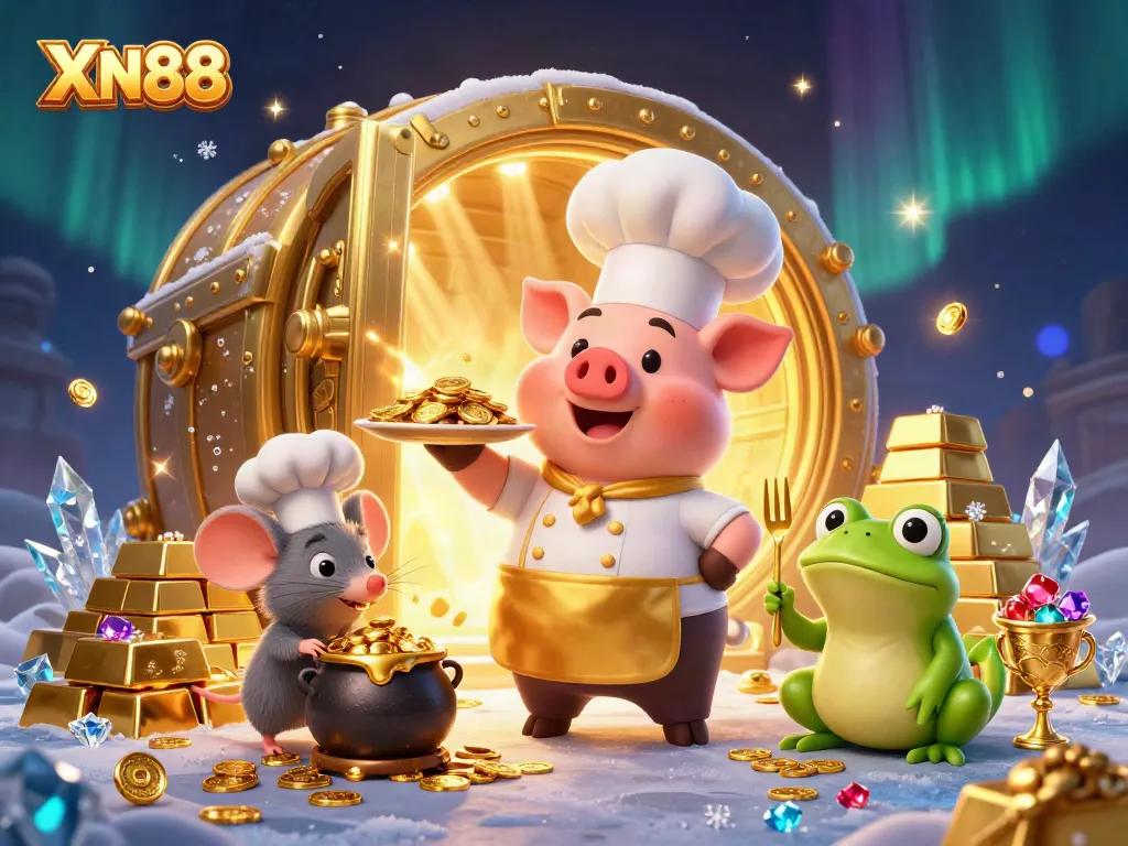 Experience excitement with XN88 featuring a chef pig serving gold coins in an action-packed casino scene.