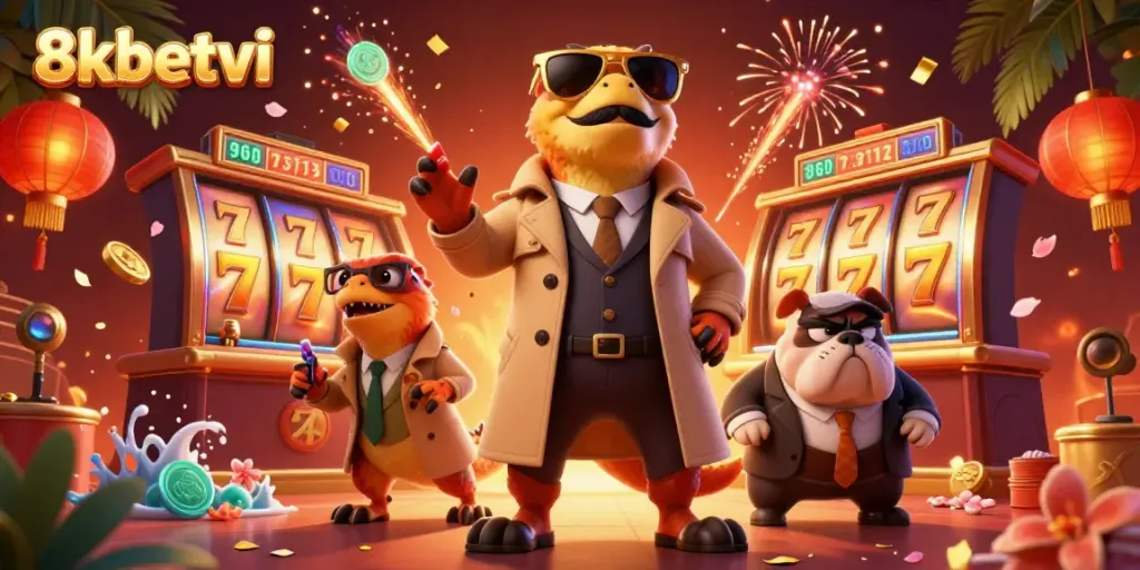 Engage with the vibrant 8xbetvi casino scene featuring raptors in disguise attempting entry.