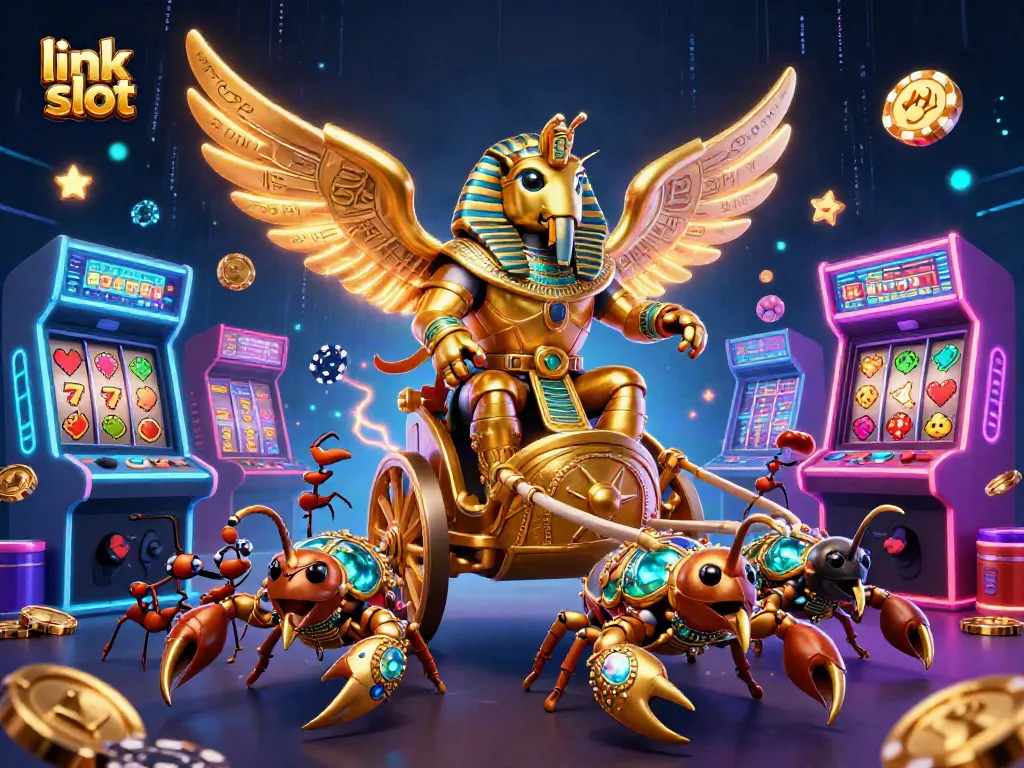 Engage with thrilling link slot machines featuring a colossal scarab in lavish detail.