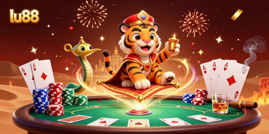 Experience the thrill of lu88 with a vibrant casino scene featuring a tiger sultan and magical elements.