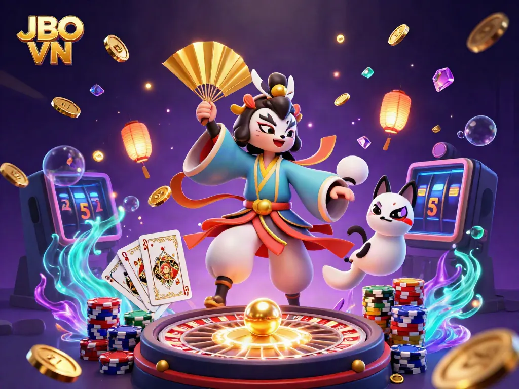 Engage in exciting gameplay with JBO VN's vibrant 3D casino scene featuring dynamic characters and rich decorations.