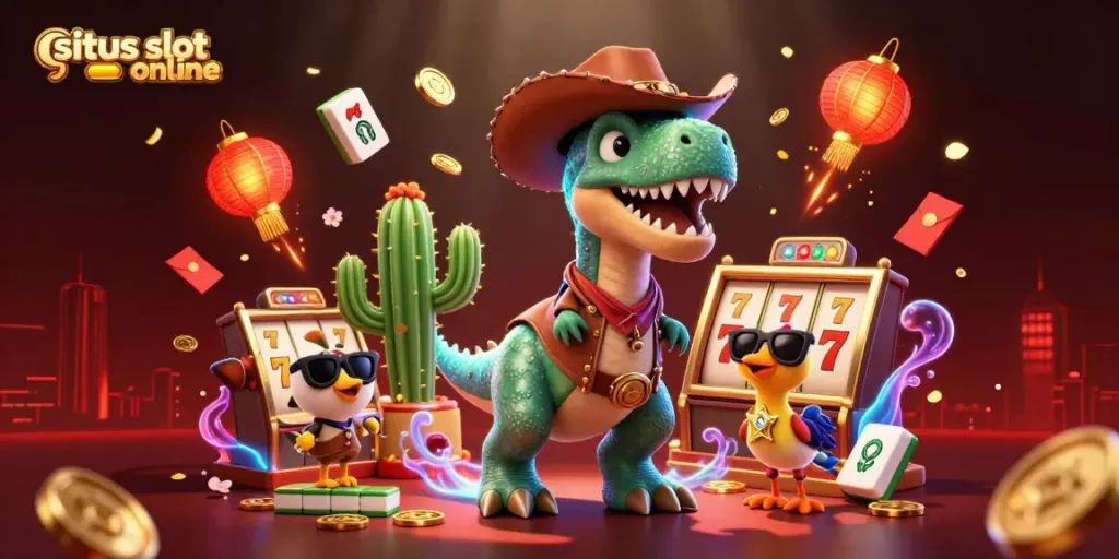 Menangkan situs slot online dengan T-Rex koboi, kaktus, dan burung roadrunner di tengah mesin slot berkilau.
