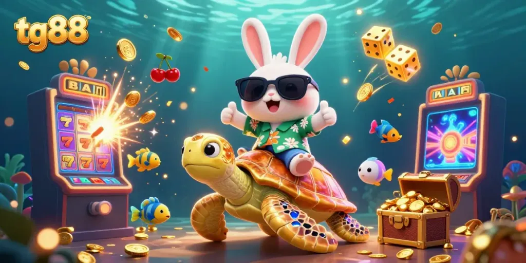 Experience the exhilarating world of tg88 with a vibrant 3D illustration of a lucky rabbit and golden sea turtle celebrating casino wins.