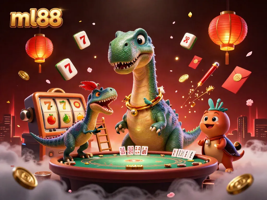 Engage in thrilling gaming at ml88 with a lively casino scene featuring a ruler-like dinosaur dealer amidst swirling lucky symbols.