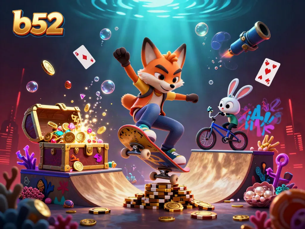 B52-themed vibrant casino scene with a skateboarder fox and BMX rabbit surrounded by gold coins.