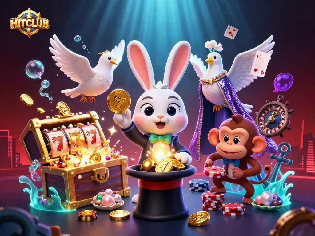 Join HITCLUB's thrilling experience of winning with the magician, dove, and monkey in this lively casino scene.