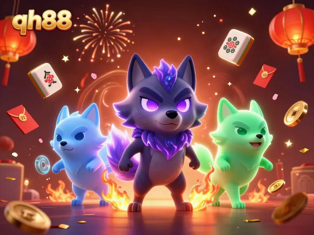 Engage with excitement at qh88 casino featuring cartoon wolves and festive gambling elements.