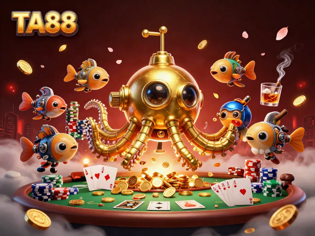 Players enjoy TA88 with a golden kraken submarine, poker chips, and vibrant gaming elements.