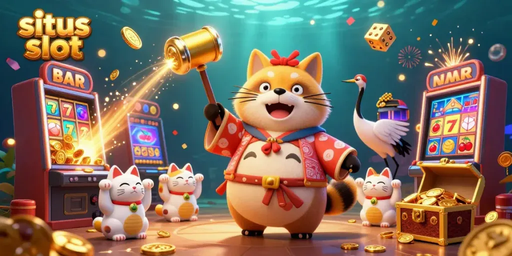 Celebrate big wins at situs slot with our vibrant 3D illustration of lucky symbols and characters.