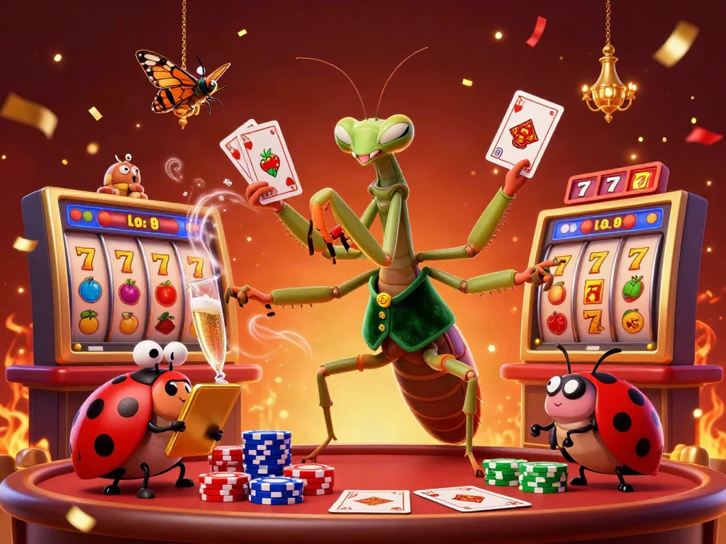 Experience thrilling gaming action at man88 with a lively scene of a praying mantis card sharp and ladybug pit boss in a vibrant casino setting.