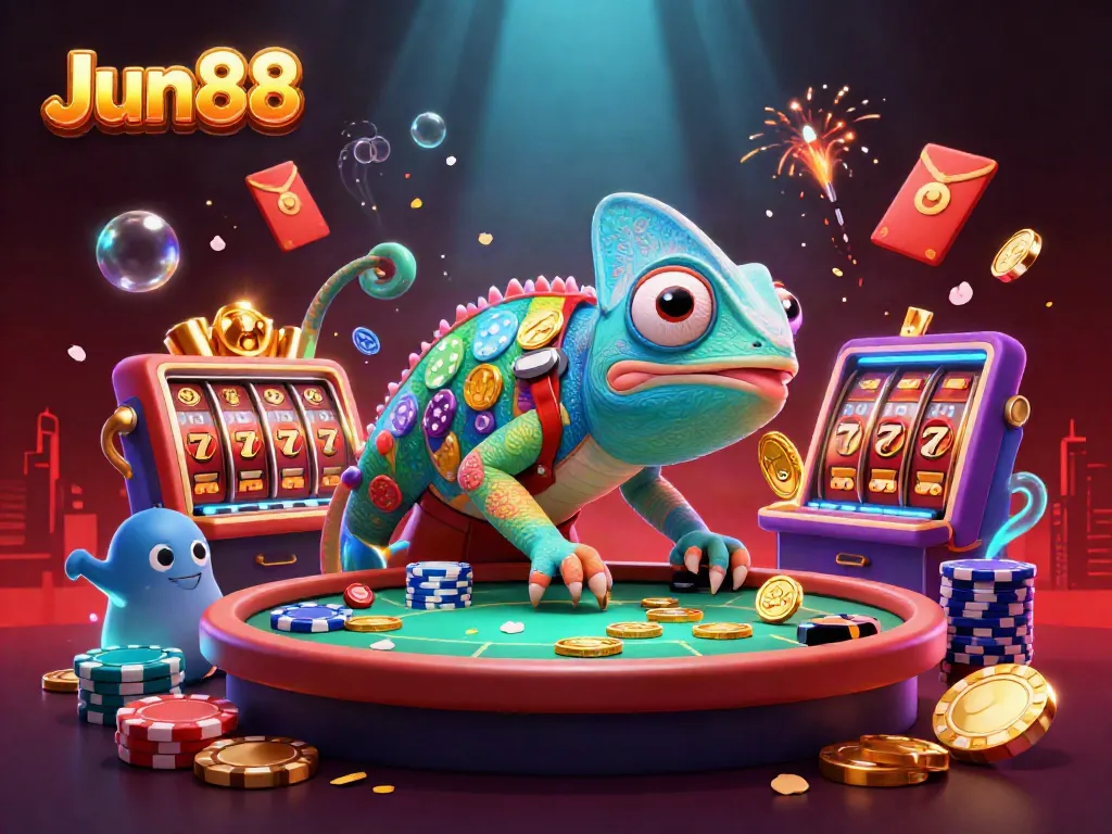 Experience the excitement at Jun88 with a vibrant scene of a chameleon casino owner capturing golden coins amidst spinning slot reels and festive elements.