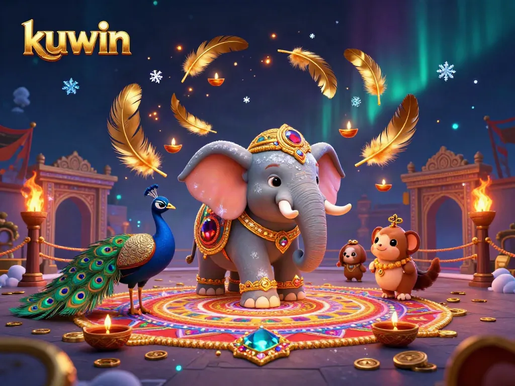 Kuwin-themed 3D illustration showcasing vibrant casino elements with a decorative elephant, peacock, and colorful tokens.