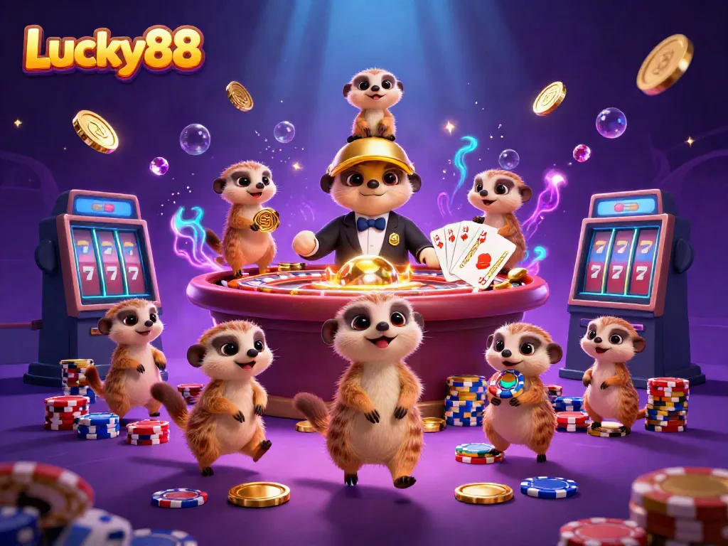 Experience the exciting world of Lucky88 with meerkats running a vibrant casino operation amidst sparkling gems and dynamic game elements.