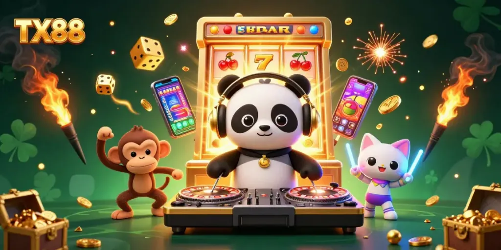 Engage with popular games at TX88, featuring vibrant characters and casino elements, bringing the excitement alive.