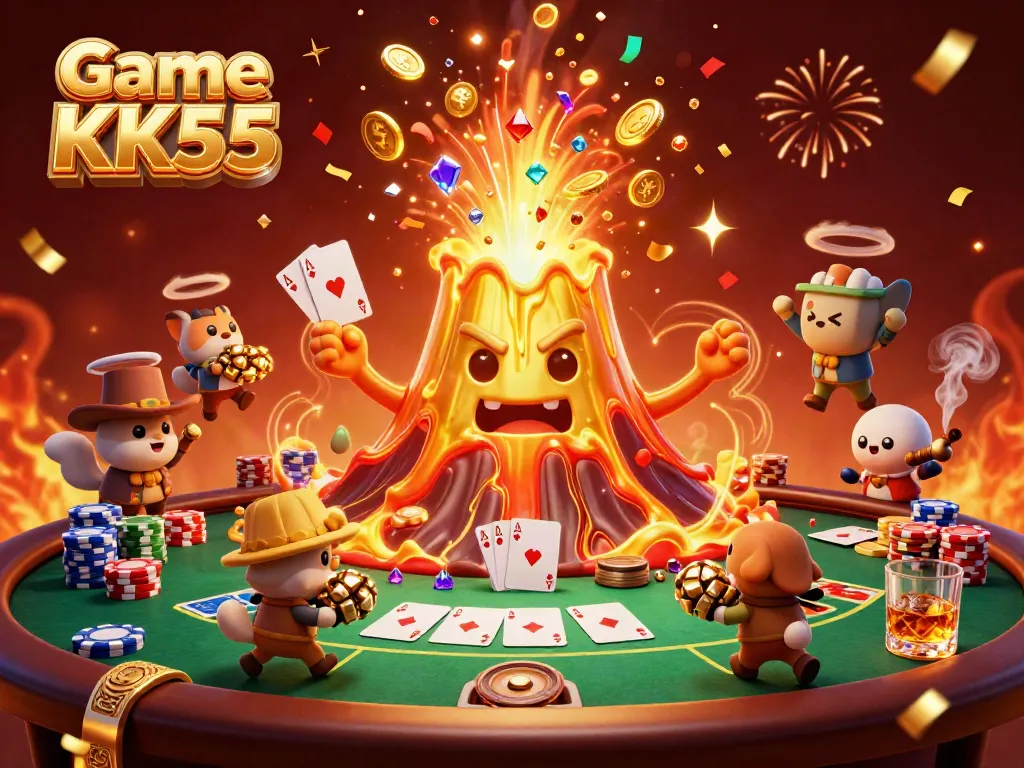 Experience the thrilling Game KK55 as the golden volcano erupts with treasure in a vibrant casino scene.