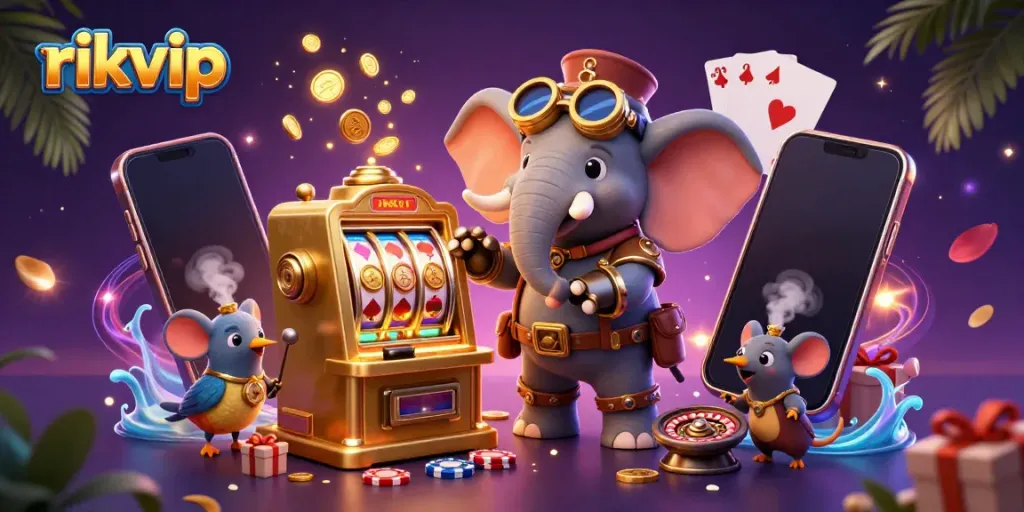 Experience winning spins at rikvip's vibrant casino scene with animated slot elements and cheerful characters.