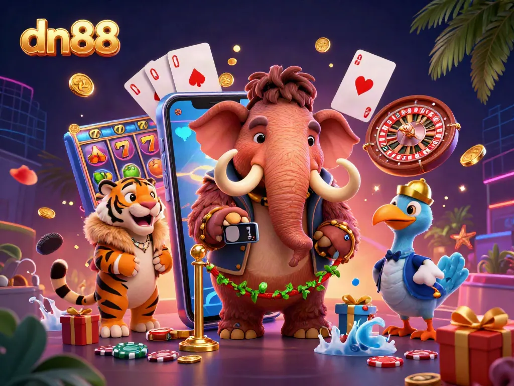 Engage in thrilling gameplay at dn88 with a vibrant casino scene featuring a woolly mammoth bouncer and exciting slot games.