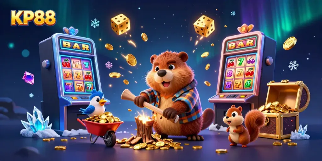 Experience the thrill of KP88 with a cartoon scene filled with golden coin wins and dynamic casino elements.