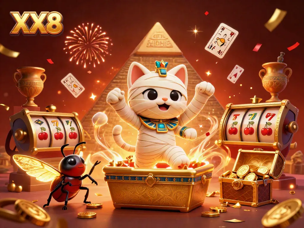 Engage in thrilling gameplay with XX8 as a mummy cat and a scarab beetle navigate a vibrant casino scene.