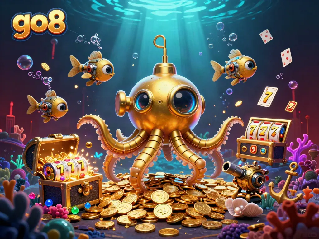 Experience thrilling slots and jackpots with the go8 golden kraken amidst vibrant underwater treasures.