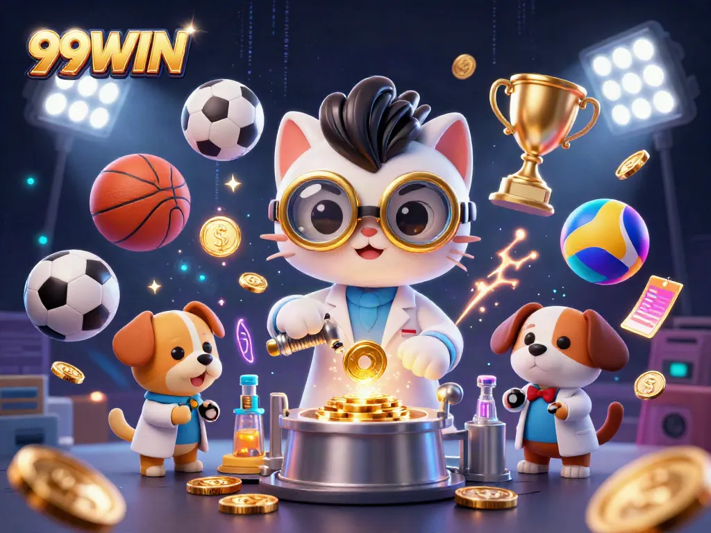 Engage with 99WIN's thrilling online gambling world featuring a mad scientist cat and dynamic game elements.