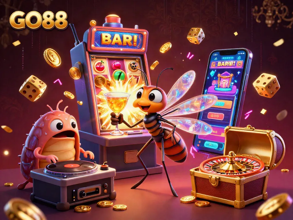 Spin the exciting GO88 slot machine with vibrant symbols and engaging characters in a lively casino scene.