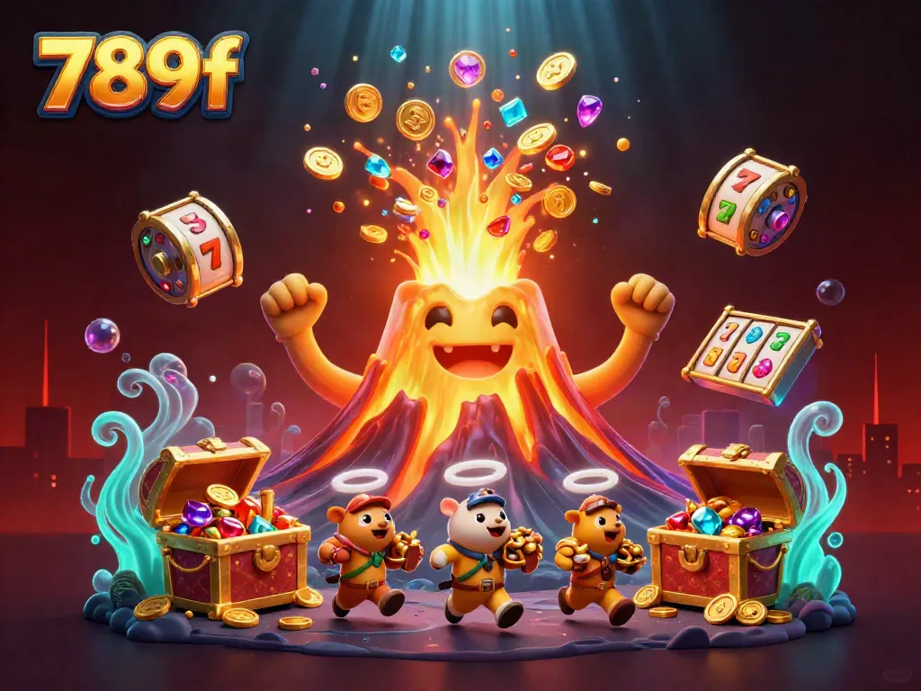 Engage in thrilling experiences with 789f as a golden volcano spills treasure amid a vibrant casino scenery.