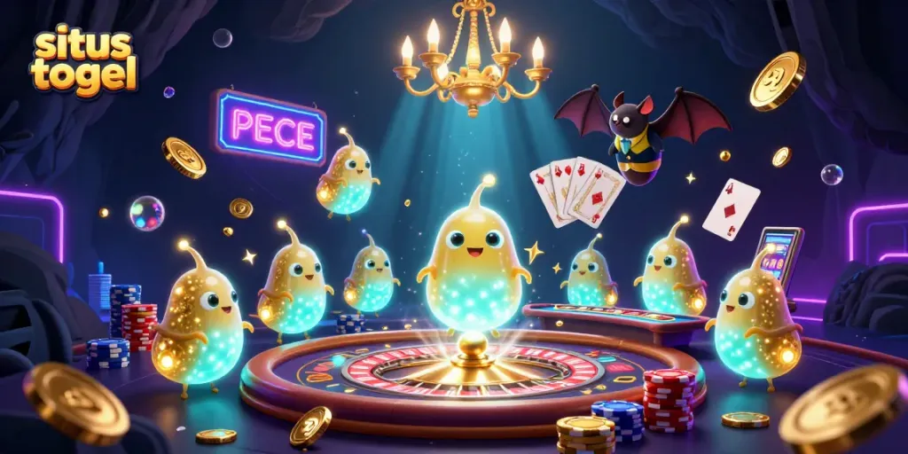 Situs togel casino scene with glowworms, roulette, and flying coins in dynamic 3D illustration.