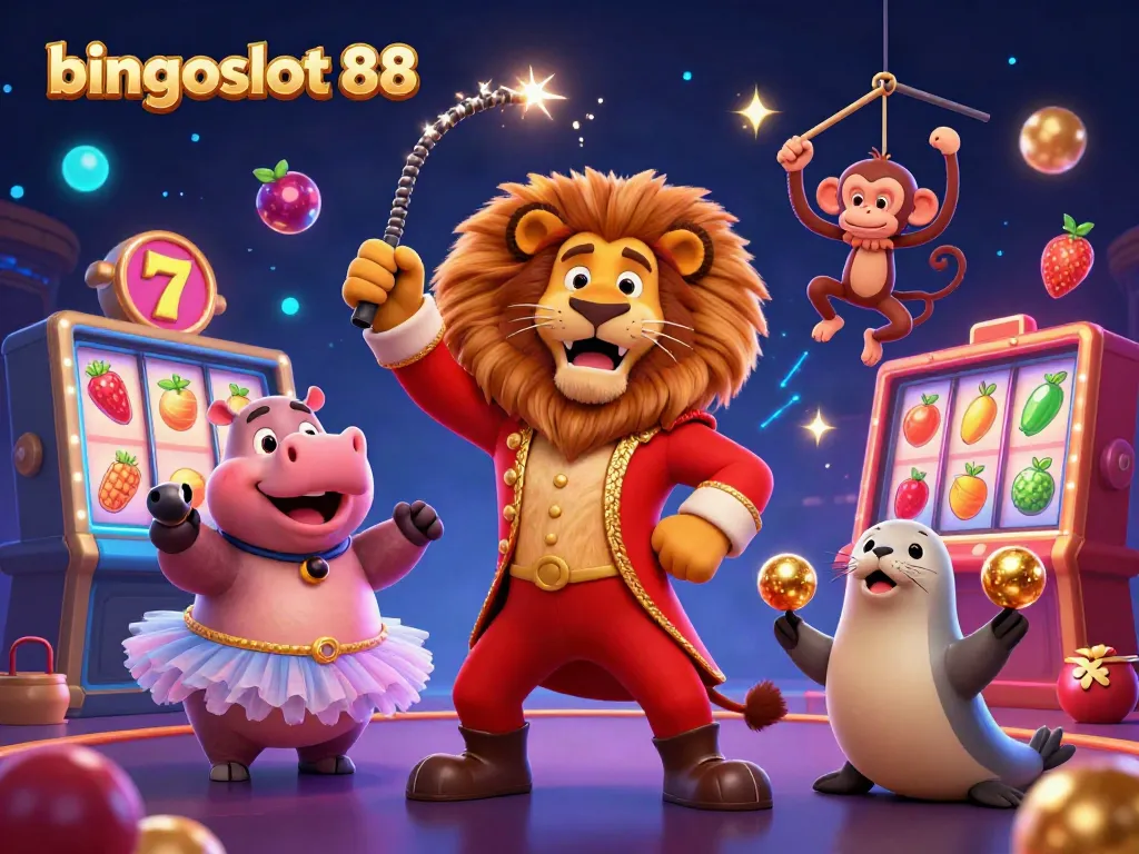 Gambarkan suasana seru bingoslot 88 dengan singa penguasa sirkus dan permainan slot yang menyenangkan.