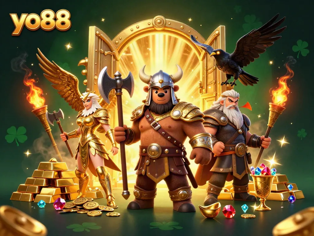 Engage in thrilling gaming adventures with yo88, showcasing Viking bear, Valkyrie eagle, and treasures.