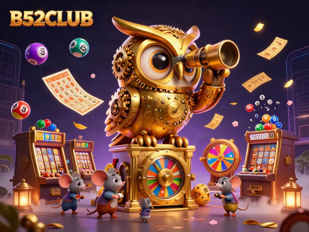 Engage with the vibrant scene of B52CLUB, featuring a golden owl surveying the casino amidst colorful lottery elements.
