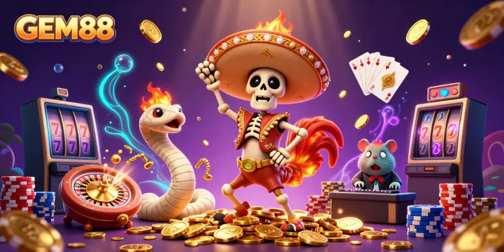 Witness the excitement at GEM88 with a lively 3D scene featuring a mariachi rooster, mummy snake, and zombie DJ amidst falling gold coins.