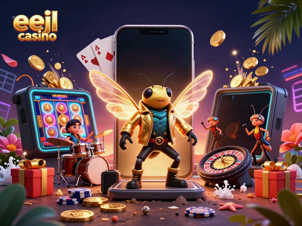 Experience eejl casino with a vibrant 3D rock star illustration surrounded by game elements.