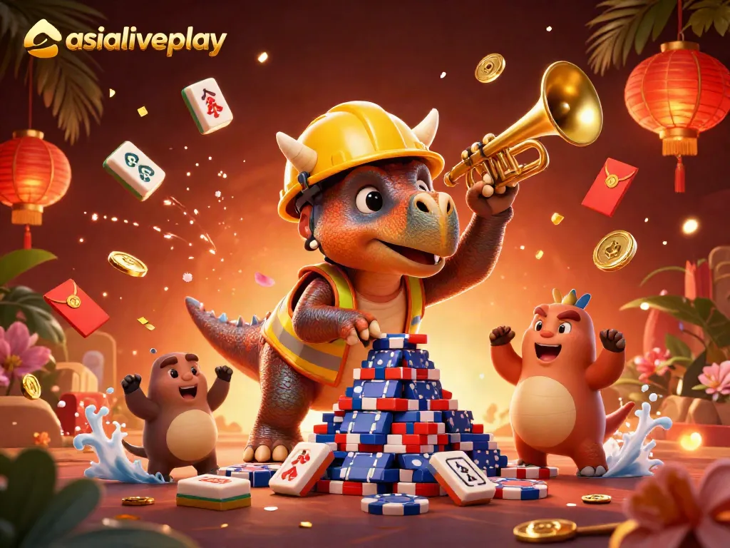 Experience the excitement of asialiveplay with a vibrant scene of celebration, featuring a triceratops and gaming elements.