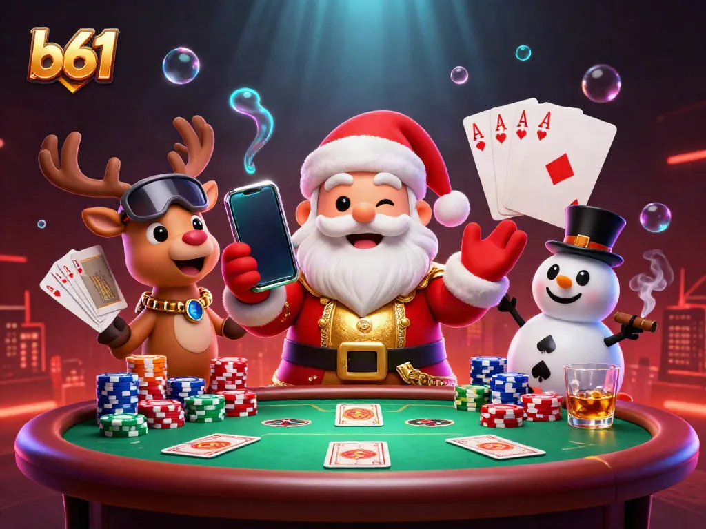 Experience the thrill of b61 casino action with Santa, the reindeer dealer, and poker chip snowman.