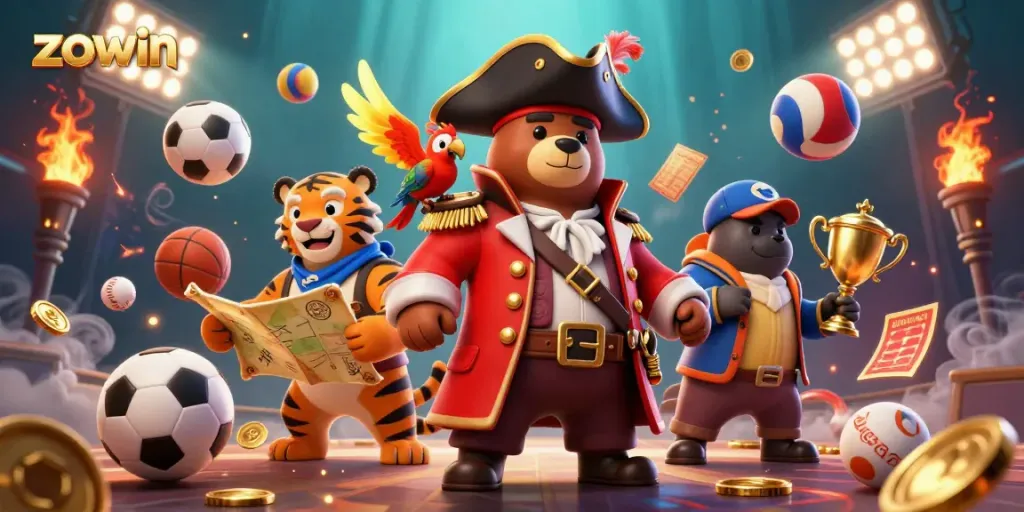 Zowin sports betting illustration featuring a pirate bear and tiger, with dynamic sports elements.