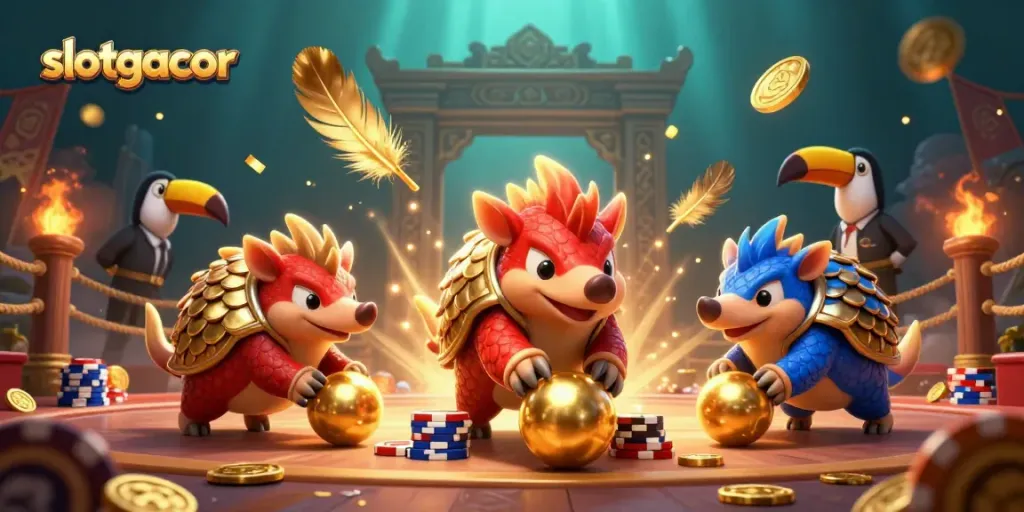 Slam the jackpot with slotgacor as rival pangolins throw golden balls through poker chips in an exciting casino showdown.