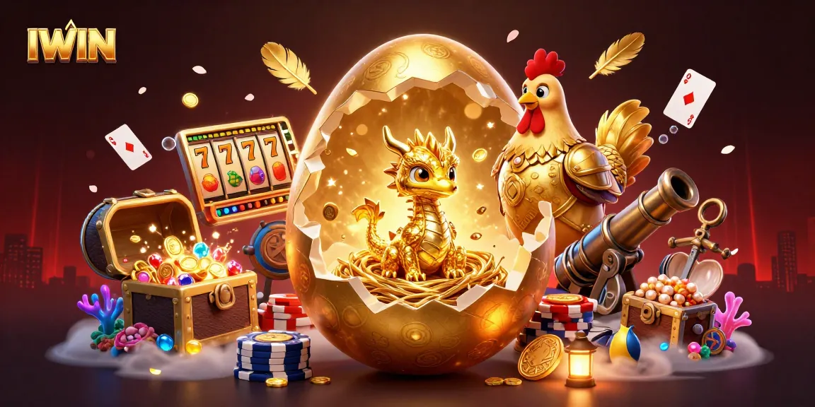 IWIN showcases a dynamic casino scene with a golden baby dragon, poker chip nest, and slot machine elements.