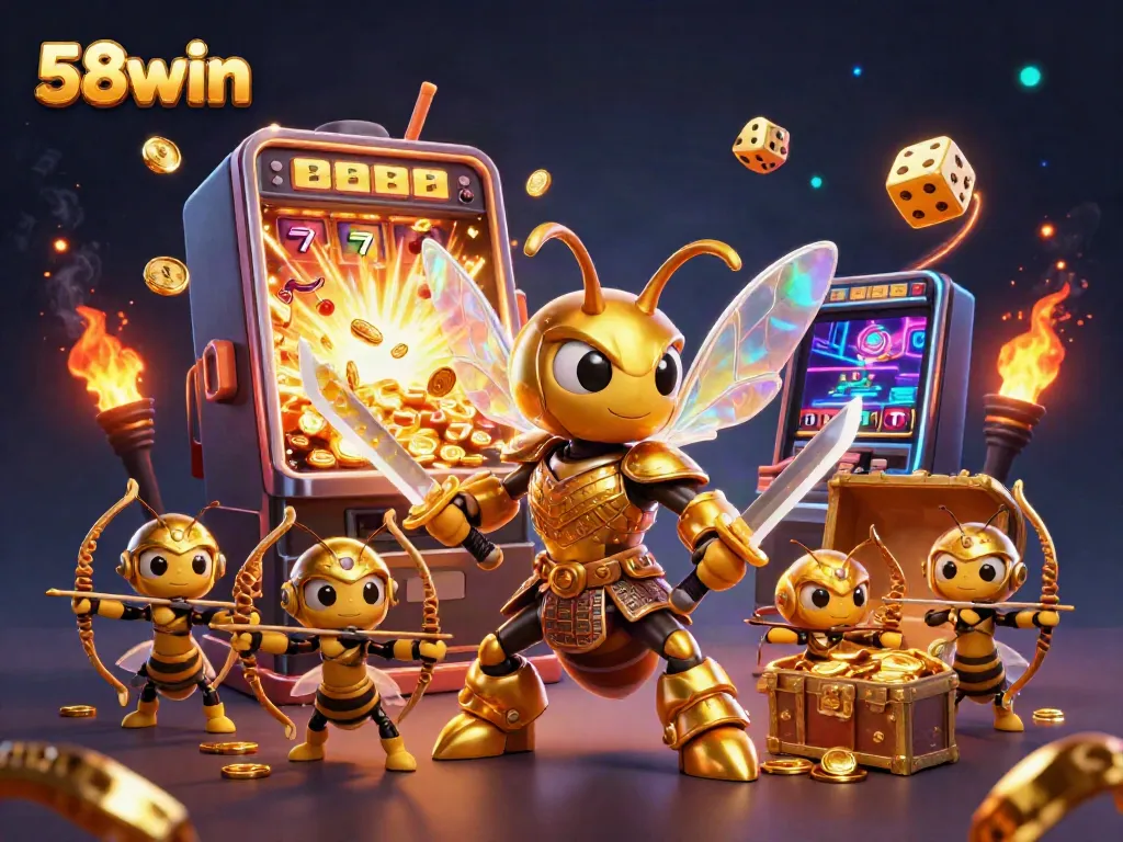 Engage with 58win’s thrilling 3D casino adventure featuring golden hornets and dynamic slot machines.