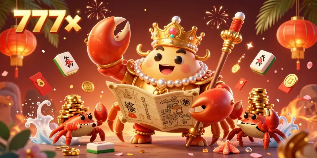 Experience the thrilling casino ambiance of 777x with a vibrant 3D illustration featuring a golden crab emperor and treasure.
