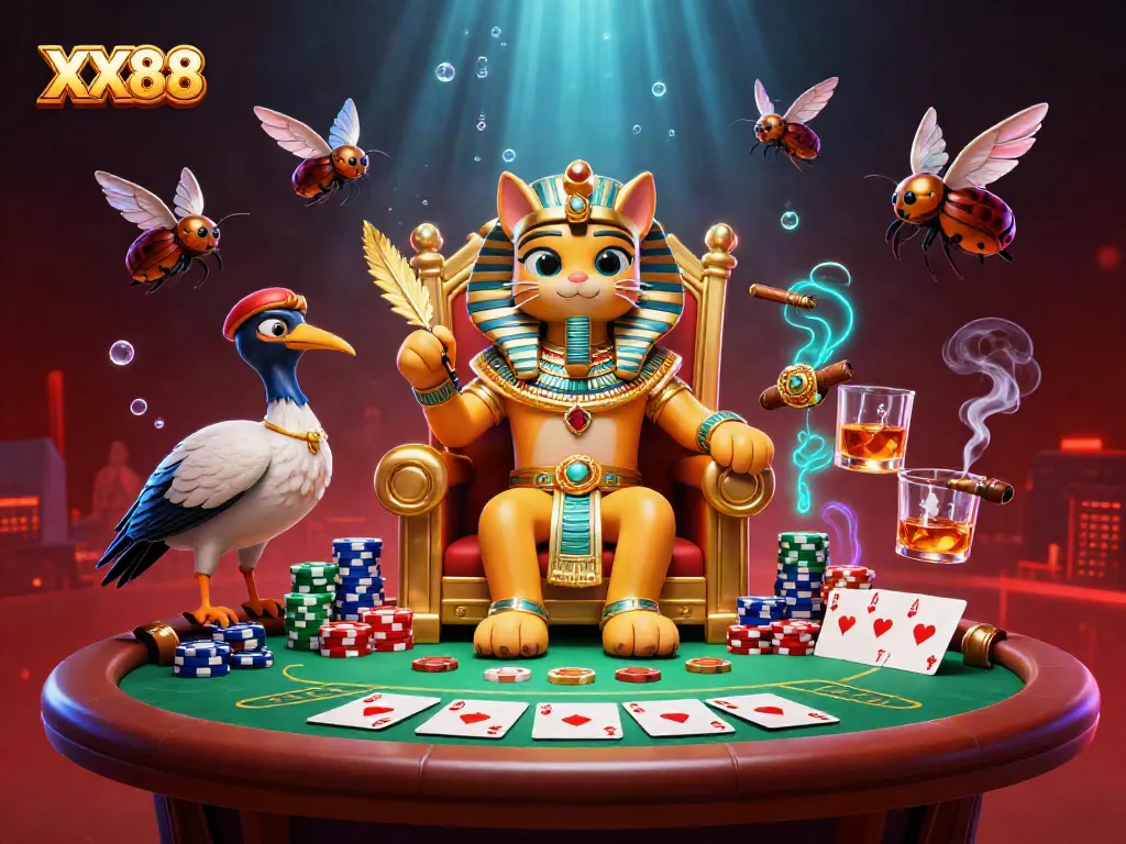 Experience the excitement of XX88 with a dynamic 3D casino scene featuring a pharaoh cat and poker elements.
