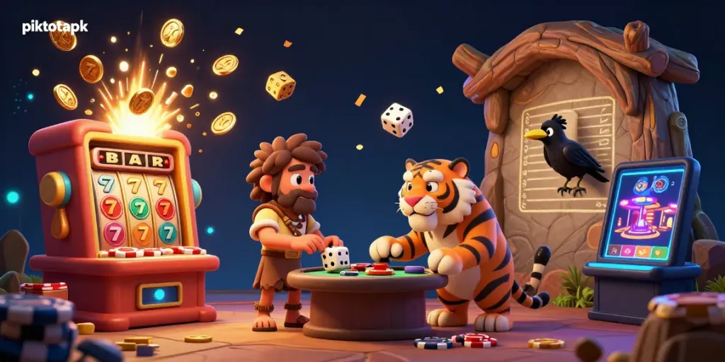 Experience thrilling wins at piktotoapk's prehistoric casino with cavemen and sabertooths!