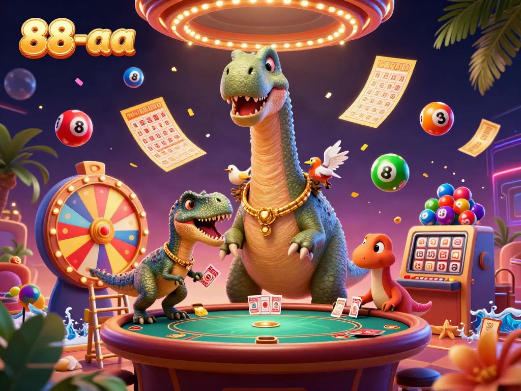 Play exciting games at 88-aa as a giant brontosaurus overlooks card dealing action in a vibrant casino scene.