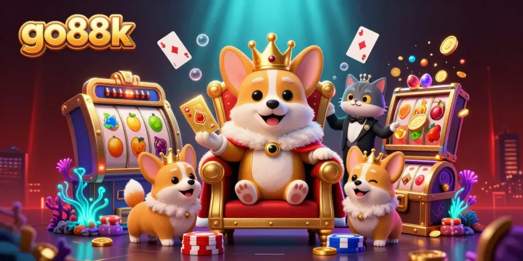 Join the excitement at go88k with vibrant slot reels and a royal corgi theme